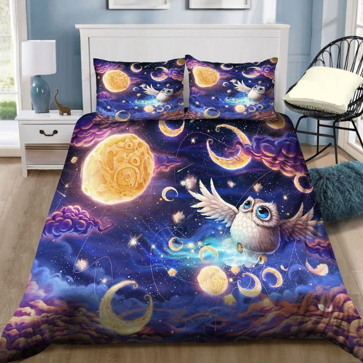 Galaxy Owl And Moon Bedding Set Duvet Cover And 2 Pillowcases