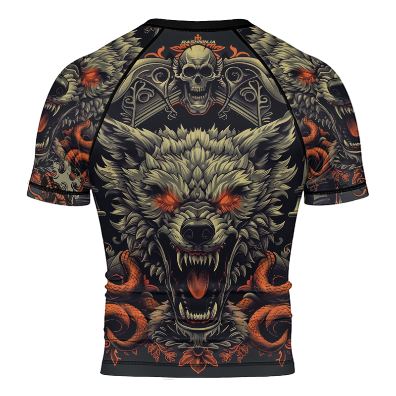Rashninja Fanged Wolf with Skull Men's Short Sleeve Rash Guard