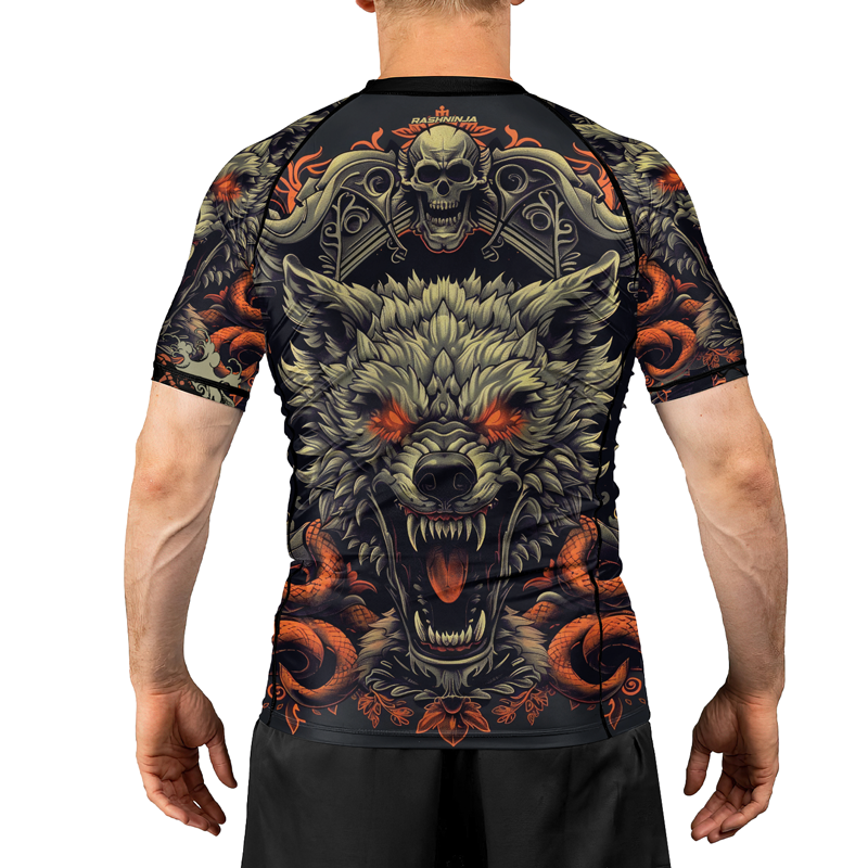 Rashninja Fanged Wolf with Skull Men's Short Sleeve Rash Guard