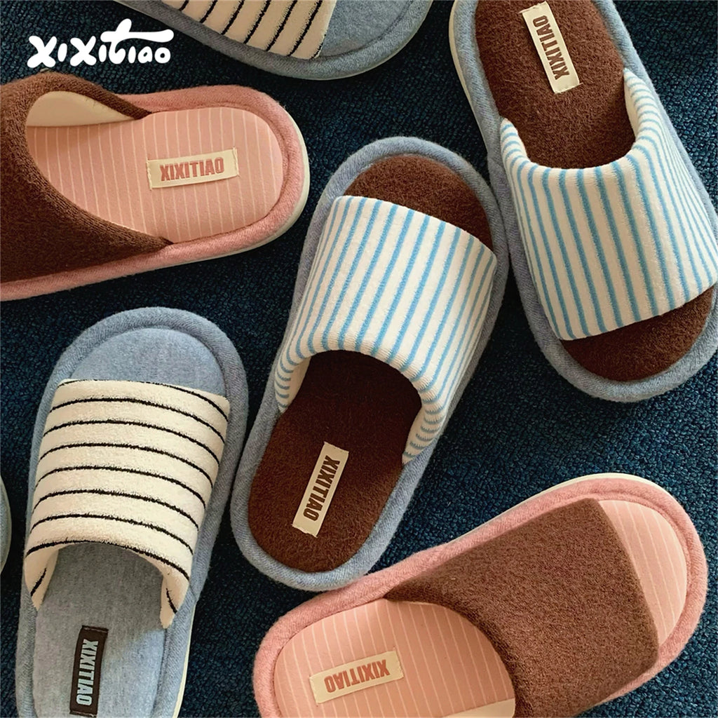 XIXITIAO Creative Color-Blocking Striped Couple Cotton Slippers Bedroom Four Seasons Japanese Style Hemp Floor Shoes Men Women