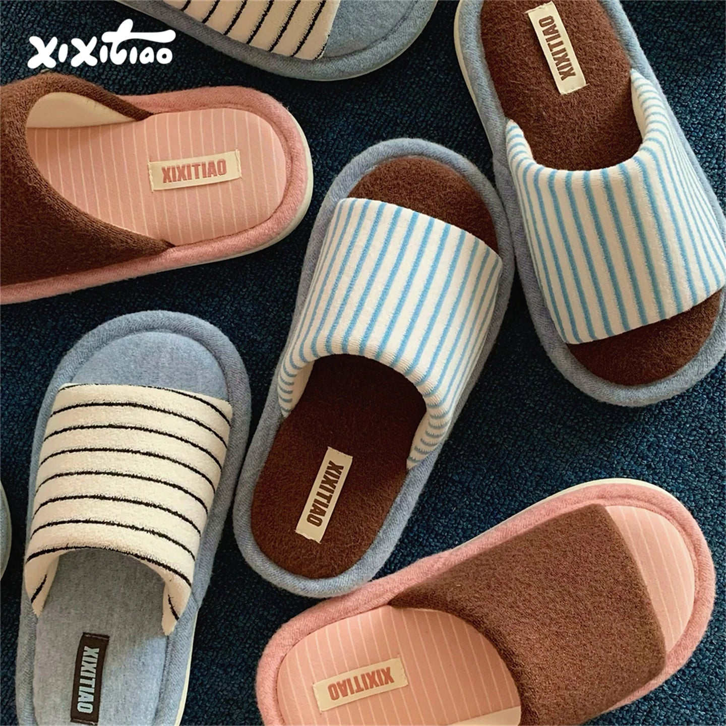 XIXITIAO Creative Color-Blocking Striped Couple Cotton Slippers Bedroom Four Seasons Japanese Style Hemp Floor Shoes Men Women