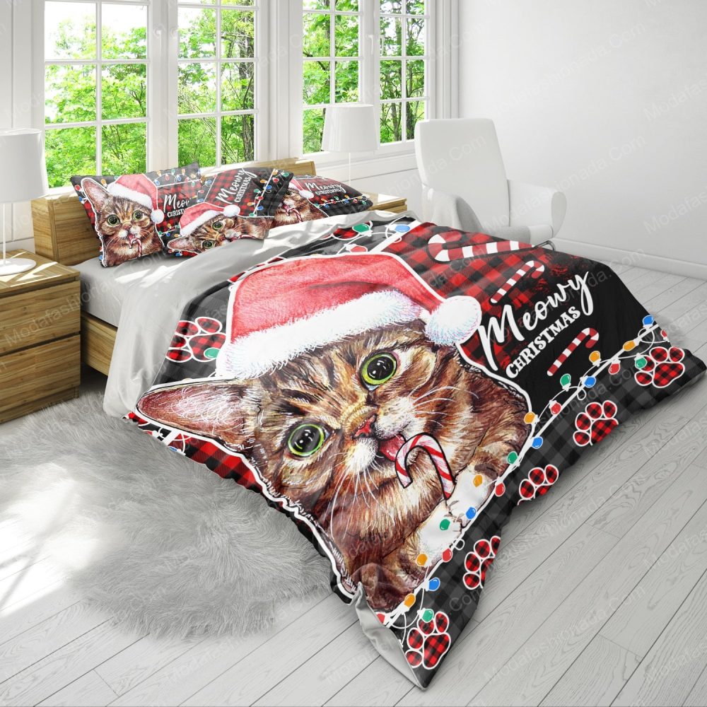 Festive Cat Christmas Bedding Set – Cute Holiday Decor With Santa Hat &amp; Candy Cane
