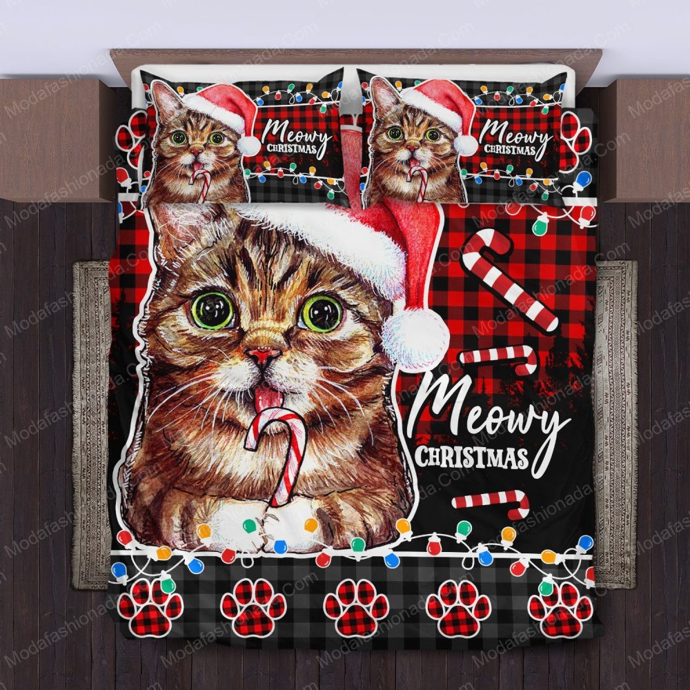 Festive Cat Christmas Bedding Set – Cute Holiday Decor With Santa Hat &amp; Candy Cane